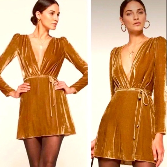 Reformation Gold Silk Blend Velvet Chrissy Dress size M. - Picture 1 of 13